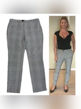 Zara black white plaid check stretchy slim ankle pants Sz L